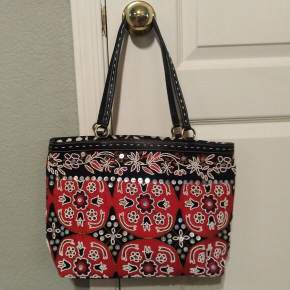 Isabella Fiori Beaded Sequined Canvas Leather Black Red Handbag Tote Bag - Picture 2 of 16